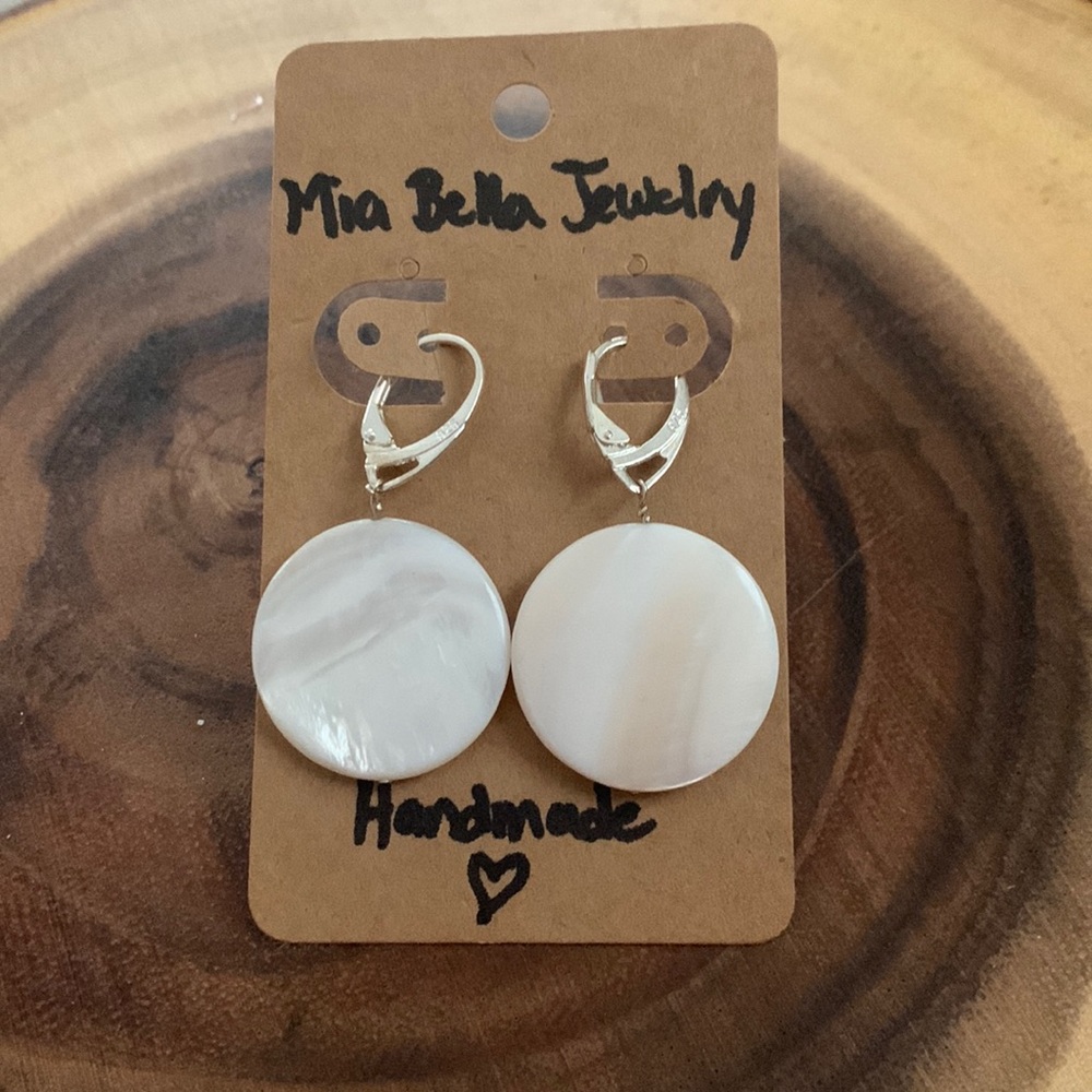 Creamy White Abalone Shell Disc Earrings Leverback